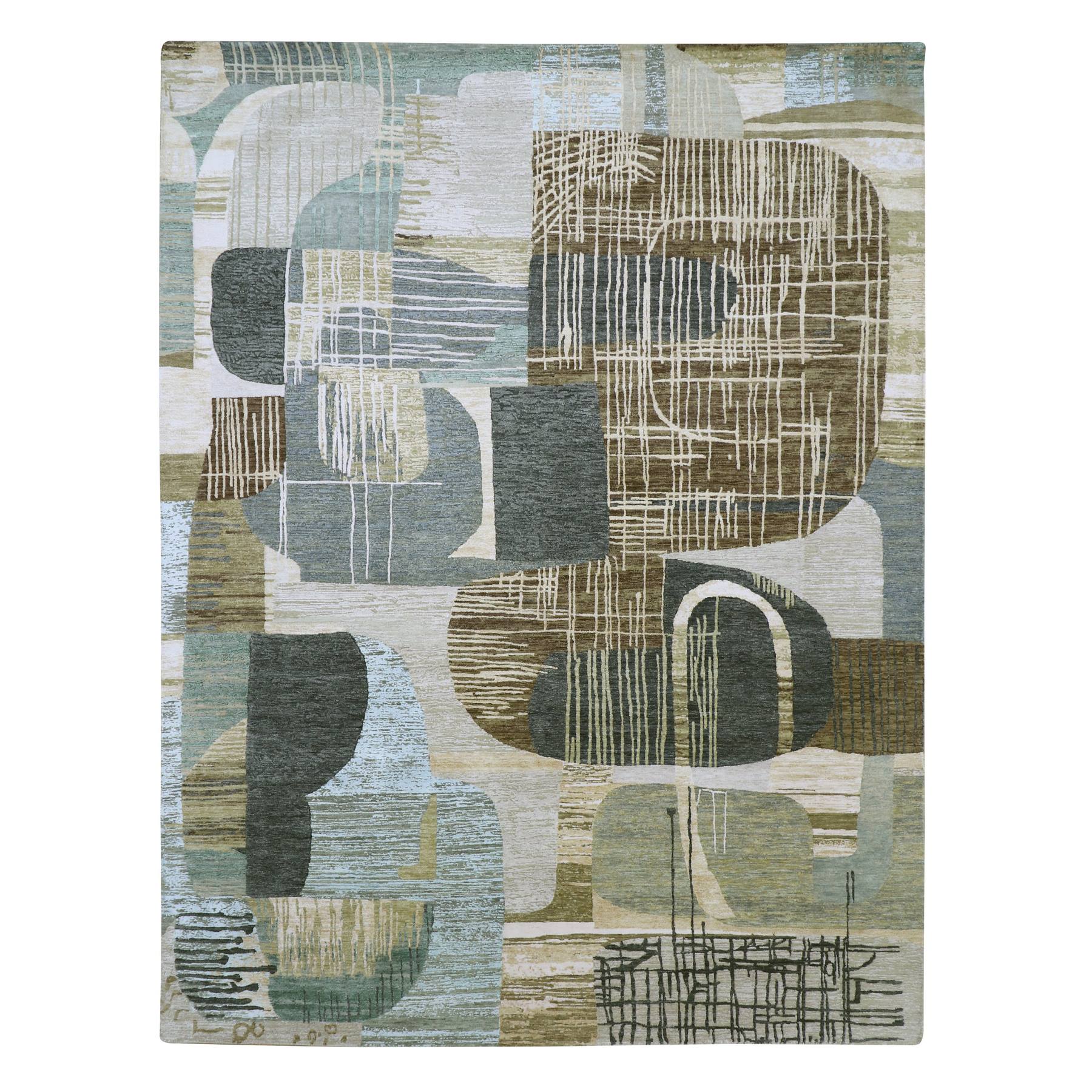 Charcoal Gray with Brown, Abstract Geometric Pattern, Persian Knot, Hand Knotted, 100% Wool, Densely Woven, Oriental Rug